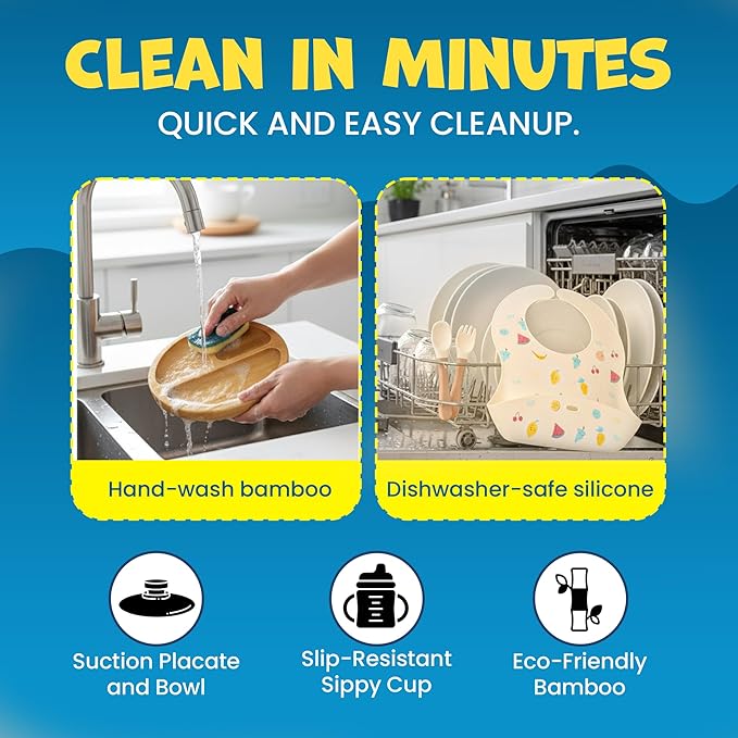 Bamboo & Silicone Baby Feeding Set 8 PCS | Baby Led Weaning Supplies Self Feeding | Divided Suction Plate Bowl Bib Sippy Cup with Straw Utensils Baby Bowls and Spoons Toddler Feeding Set (Vanilla)