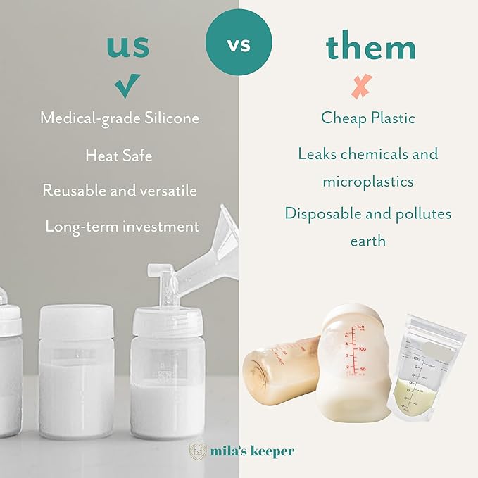 Mila's Keeper Silicone Breast Milk Storage Bottles, For Pumping, Storing and Feeding, Fits Leading Pumps and Nipples, 6 oz Silicone Milk Storage Containers, Standard Aspen White, Set of 3