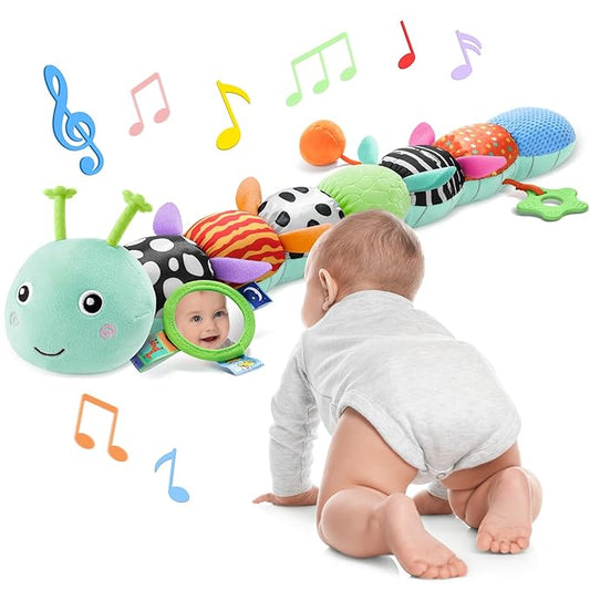 AWOTOY Baby Toys 6-12 Months Music Caterpillar Infant Toys Stuffed Animals 0-3-6 Months Teething Tummy Time Sensory Toys with Mirror Rattle&Pull String for Boys Girls Birthday Gifts|Tiffany Blue,Leafy