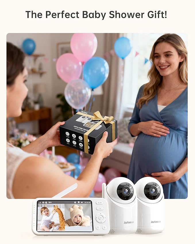 Jartoo 2K 5.5" Video Baby Monitor with 2 Cameras and Audio,AI Cry Detect 1860ft Long Range Baby Monitor No WiFi Baby Camera Wireless,Clear Night Vision,ANC, 2-Way Talk,White Noise,6000mAh [2025 New]
