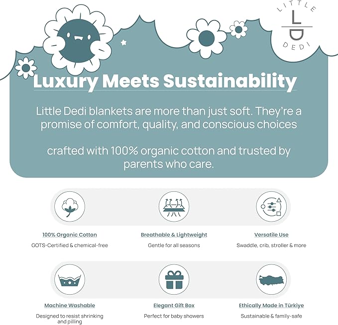 Little Dedi 100% Organic Cotton Baby Knitted Blanket with Gift Box - Soft Toddler, Crib, Stroller Blanket - Neutral Swaddle and Receiving Blanket for Newborns, 30"x40", Smoke Blue