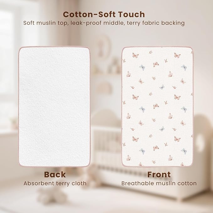 Konssy 2 Pack Waterproof Muslin Cotton Portable Changing Pad 30"x 17", Soft & Foldable Baby Changing Mat Travel Pad with Terry Backing, Shower Gift for Newborn Girls Boys (Taupe,Butterfly Dreams)