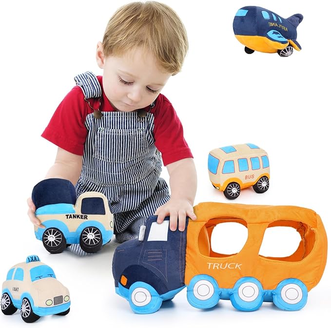 Muiteiur Big Car Stuffed Plush Toy, Soft Truck Toy Set with 4 Stuffed Baby Vehicles Toys Include Taxi Bus Airplane Tanker, Cute Cartoon Plush Gift for Kids Babies (15.7inch)