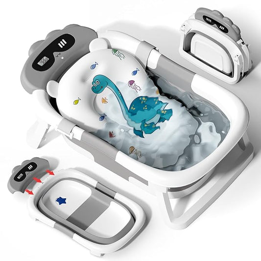 AVIDOR Baby Bathtub,Collapsible Bathtub for Newborn to Toddler,Durable Essential Infant Bath Tub,Portable Travel Baby Tub with Soft Bath Net,No-Slip Feet and Dinosaur Shaped (Grey)