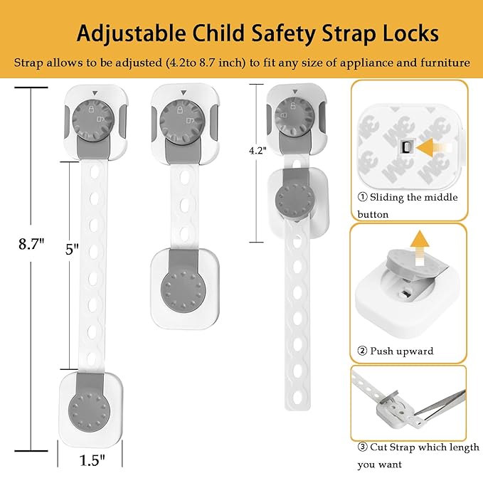 Fursafe&Q Child Safety Cabinet Proofing, Baby Cabinet Locks Adhesive Adjustable Child Safety Strap Locks Drawer Fridge Ovens Toilet Latches No Screws for Furniture Kitchen 2 Pack