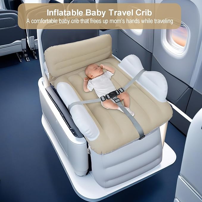 Sunlisky Inflatable-Toddler-Travel-Bed for Airplane Car Seat Portable Foldable Infant Travel Bed Baby Travel Crib with Sides,Hand Pump Safety Belt and Carry Bag Sets (Beige)