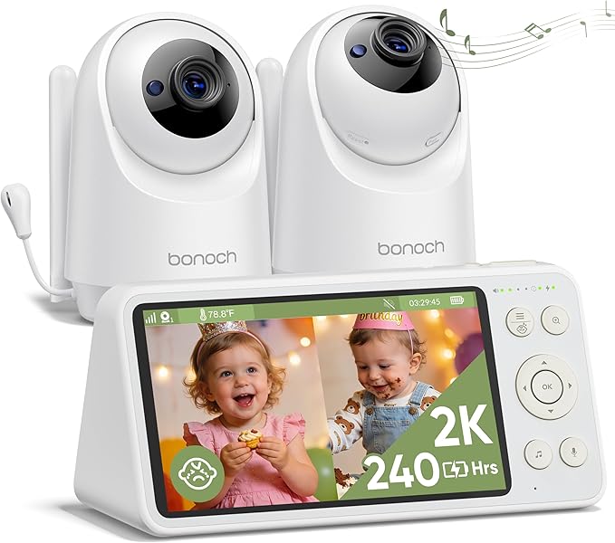 bonoch 2K 5.5" Split Screen Baby Monitor with 2 Cameras, 240hrs Battery, White Noise, 1600ft Long-range, Hack-Proof No WiFi Dual Video Monitor, Night Vision, Smart Detect for Cry/Sleep Turnover/Motion