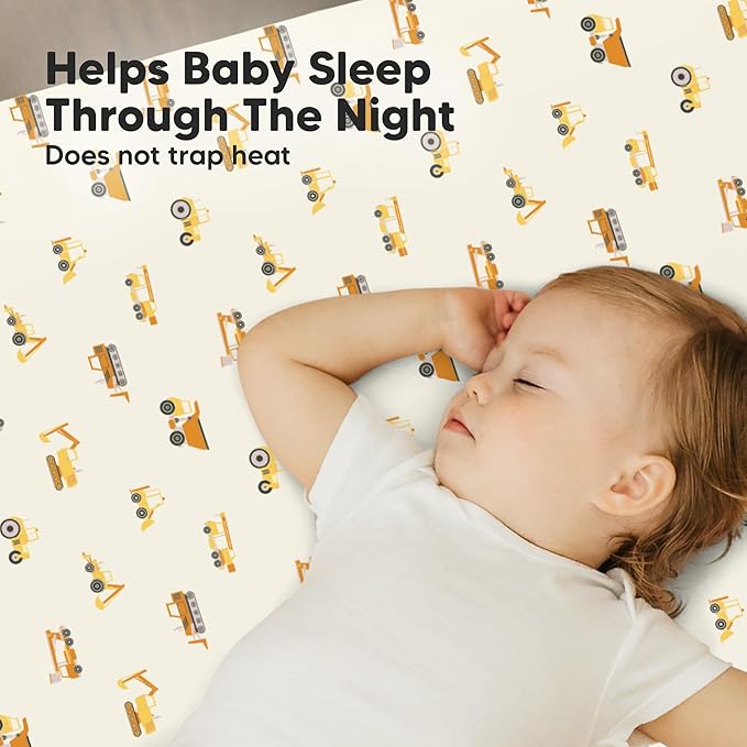 2-Pack Mini Crib Sheets Fitted - 38x26 Pack N Play Sheets for Pack and Play Mattress, Organic Cotton, Soft & Breathable Playard Bedding, Neutral Mini Toddler Bed Cover for Boys, Girls (Construction)