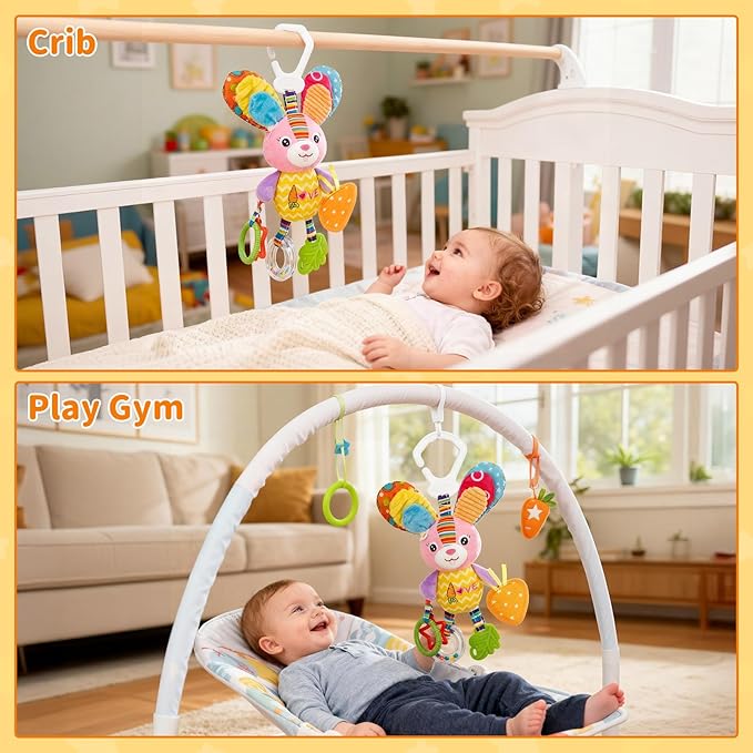 Baby Stroller Toy and Car Seat Toy for Infant with Teether Hanging Rattle Toys Clip on Stroller Toy Soft Plush Baby Toys for Boys and Girls 3-12 Months