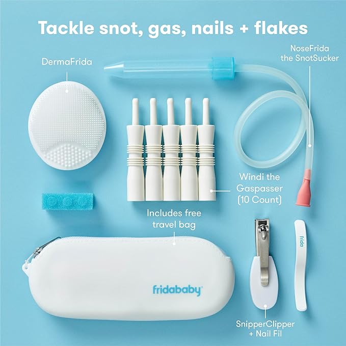 Frida Baby Basics Kit, 6pc Baby Essentials Kit Includes Nasal Aspirator Snotsucker, NailFrida Nail Files, Windi Gas Relief, DermaFrida Bath Brush + Silicone Carry Case