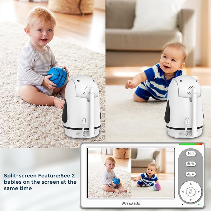 Split-Screen Baby Monitor with 2 Cameras No WiFi, 30H Battery, Pan-Tilt-Zoom, Monitor para bebés with Night Vision, 2-Way Audio, Room Temp Sensor, Lullaby, Plug & Play - Ideal for Travel