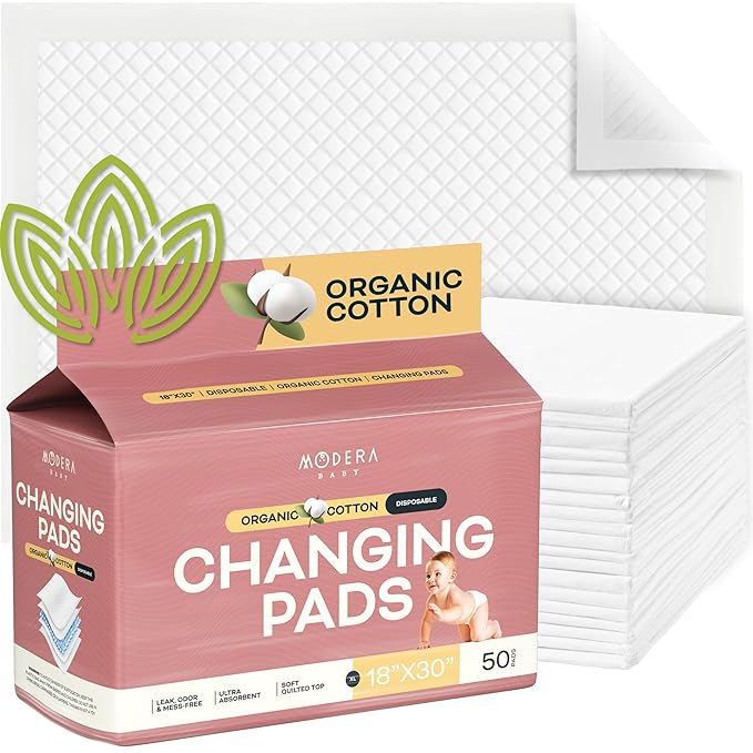 Organic Cotton Disposable Changing Pad Liners | XL-Large (30x18) Hypoallergenic Super Soft Ultra Absorbent & Waterproof Quilted Underpads for Baby Diaper Table & Travel, Leak Proof, Mess Free, 50-Pack