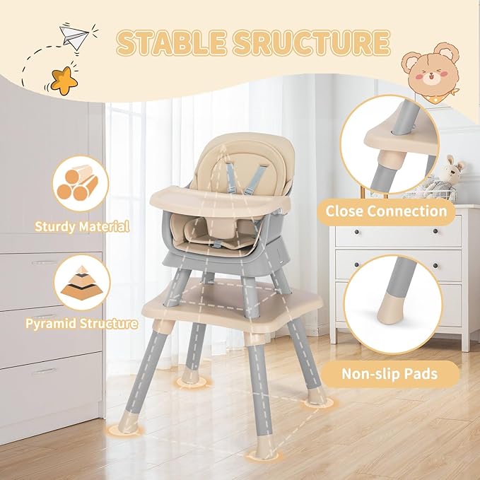 Kinder King 8 in 1 Baby High Chair, Coverts to Dining Booster Seat/Kids Table & Chair Set/Toddler Building Block Table/Kids Stool, Removable Tray & Double Seat Cover, Easy to Wipe, Grey & Coffee