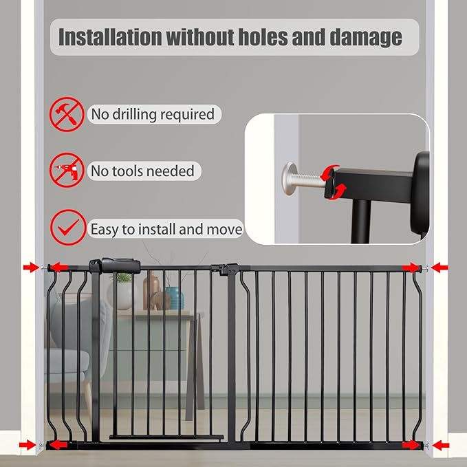 Heavy Duty Baby & Dog Safety Gate, Extra Wide 85.8-90.5 Inch,Black Metal, Pressure Mounted No Drilling Pet Gate for Large Openings