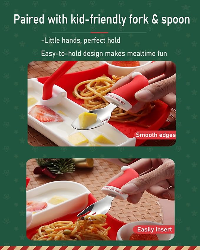 Ecrekhom Silicone Baby Feeding Set 5 Pcs, Weaning Supplies, Christmas Hat Baby Plates Baby Spoon & Fork, Baby Utensils Feeding Essentials