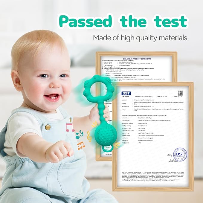 Teething Toys for Babies 0-6 Months, Baby Rattles 6 to 12 Months, 2-in-1 Rattle and Teether Toy for Soothing Sore Gums and Keeps Little Ones Entertained, Food Grade Silicone, Spearmint