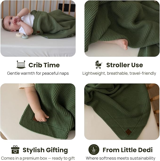 Little Dedi 100% Organic Cotton Baby Knitted Blanket with Gift Box - Soft Toddler, Crib, Stroller Blanket - Neutral Swaddle and Receiving Blanket for Newborns, 30"x40", Pepper Green