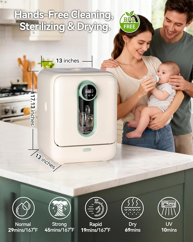 IAGREEA Baby Bottle Washer, Sterilizer and Dryer, All-in-One Pro Cleaning Machine for Bottles, Pump Parts & Baby Essentials, Effortless Care, Replaces Hand Washing, BPA-Free, 72-hour Storage