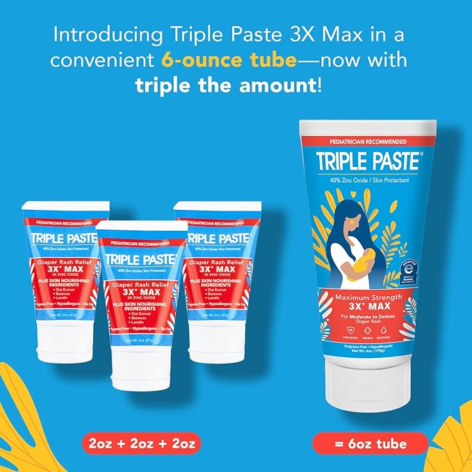 Triple Paste 3X Max Diaper Rash Ointment for Baby, Maximum Strength with 40% Zinc Oxide Ointment for Serious Diaper Rash, 6 oz Tube
