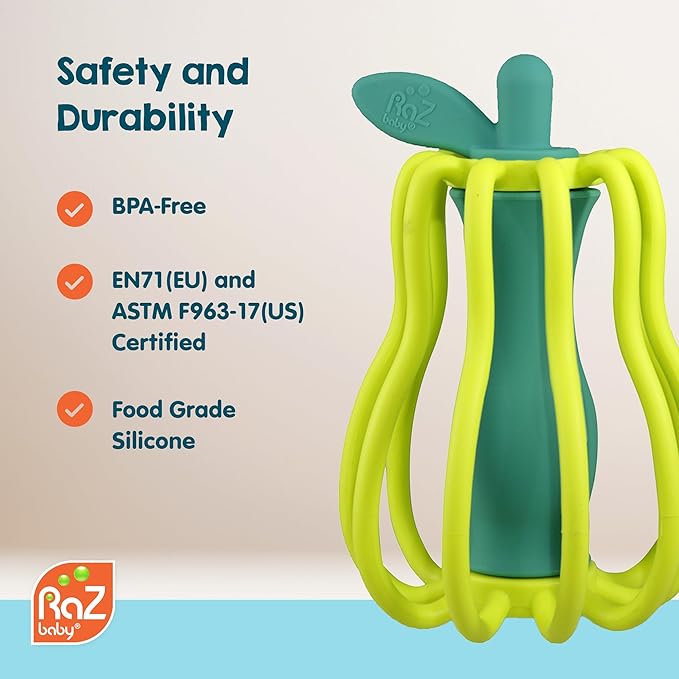 RaZbaby RaZ-Apple Silicone Teether & Rattle Toy – Soft, Flexible & Easy to Hold, Soothing Sounds for Entertainment, Textured for Teething Relief, Nipple-Shaped Stem for Comfort – BPA-Free, 3M+