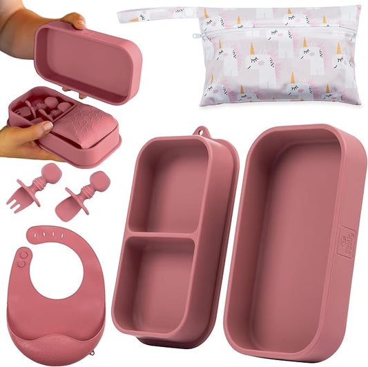 Travel Silicone Baby Feeding Set - Portable Toddler Plates with Suction, Soft Baby Spoon & Fork, Lightweight Foldable Silicone Bib & Waterproof Storage Bag – 6 Piece Set (dark pink)