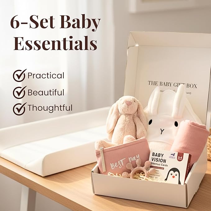 New Baby Gift Basket Set with Adorable Newborn Essentials for Baby Girl and Boy | Quality Baby Shower Gift Baskets with Soft Swaddle Blanket | Cutest Newborn Gift Set, Gift-Ready Packaging (Pink)