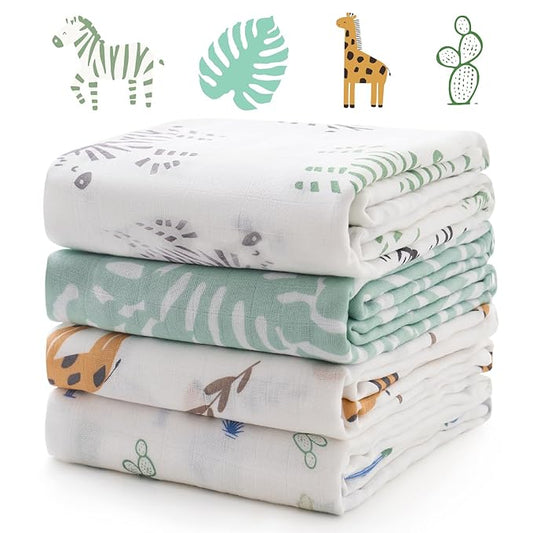 Momcozy Muslin Best Wishes Swaddle Blankets, Ultra Soft Neutral Registry Essentials, Jungle Trails & Wild Pals, Breathable Large 47'' x 47'' Newborn Boys Girls Receiving Blanket