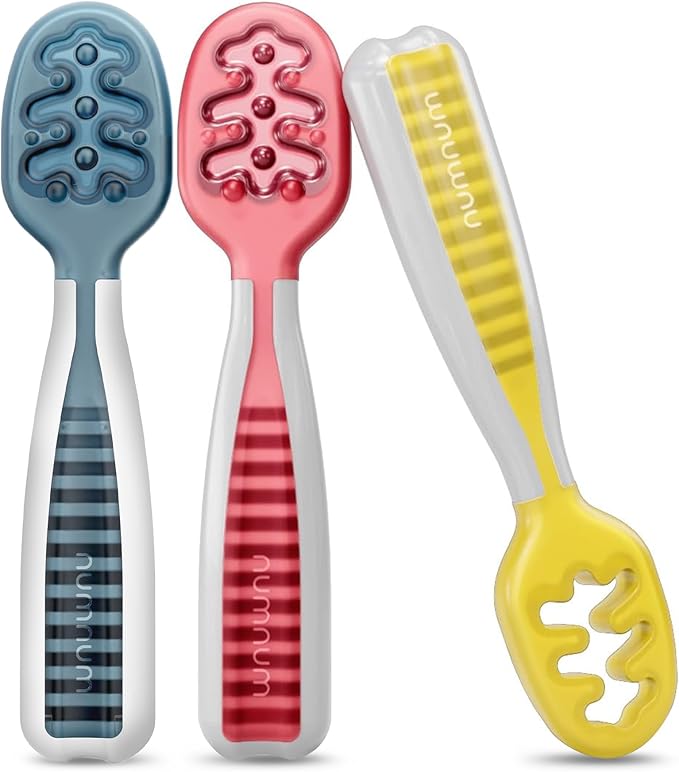 NumNum Baby Spoons Set, Baby Essentials Pre-Spoon GOOtensils for 6+ Months, First Stage Self-Feeding Spoons for Baby Led Weaning (BLW), Silicone Toddler Utensils, BPA-Free, 3 Pack Little Rainbow