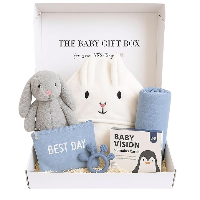 New Baby Gift Basket Set with Adorable Newborn Essentials for Baby Girl and Boy | Quality Baby Shower Gift Baskets with Soft Swaddle Blanket | Cutest Newborn Gift Set, Gift-Ready Packaging (Blue)