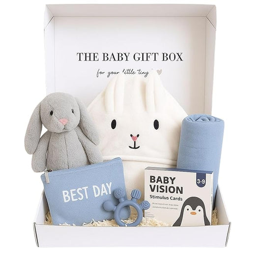 New Baby Gift Basket Set with Adorable Newborn Essentials for Baby Girl and Boy | Quality Baby Shower Gift Baskets with Soft Swaddle Blanket | Cutest Newborn Gift Set, Gift-Ready Packaging (Blue)