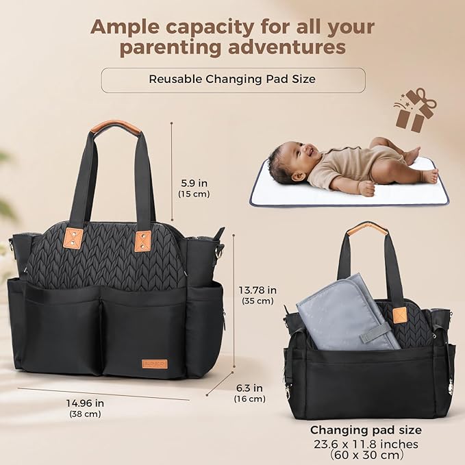 Lekebaby Diaper Bag Tote for Baby - 17 Pockets Large Travel Diaper Tote with Portable Changing Pad, Mom Crossbody Hospital Bag for Labor Delivery, Waterproof, Baby Essentials for Newborn Gifts, Twill