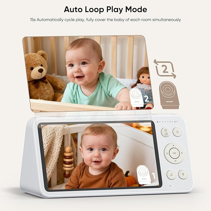 bonoch 2K 5.5" Split Screen Baby Monitor with 2 Cameras, 240hrs Battery, White Noise, 1600ft Long-range, Hack-Proof No WiFi Dual Video Monitor, Night Vision, Smart Detect for Cry/Sleep Turnover/Motion