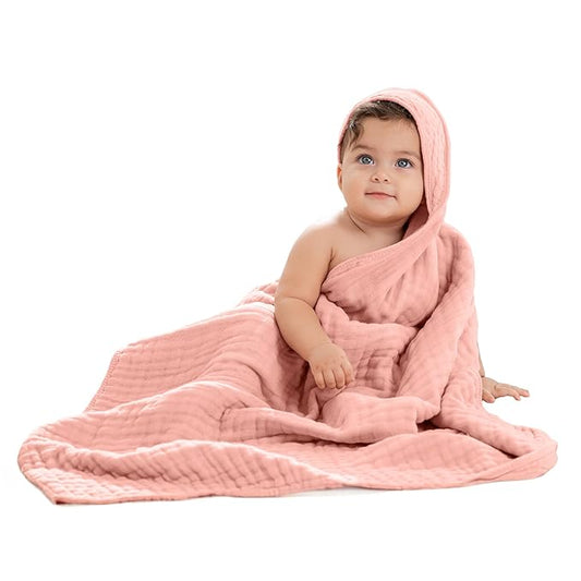 Comfy Cubs Hooded Baby Towel 1-Pack, Large 32 x 32 Inch - 6 Layer 100% Muslin Cotton for Babies, Toddlers and Kids - Soft & Absorbent Baby Bath Towels - Unisex Design for Bath Time - Bold Blush