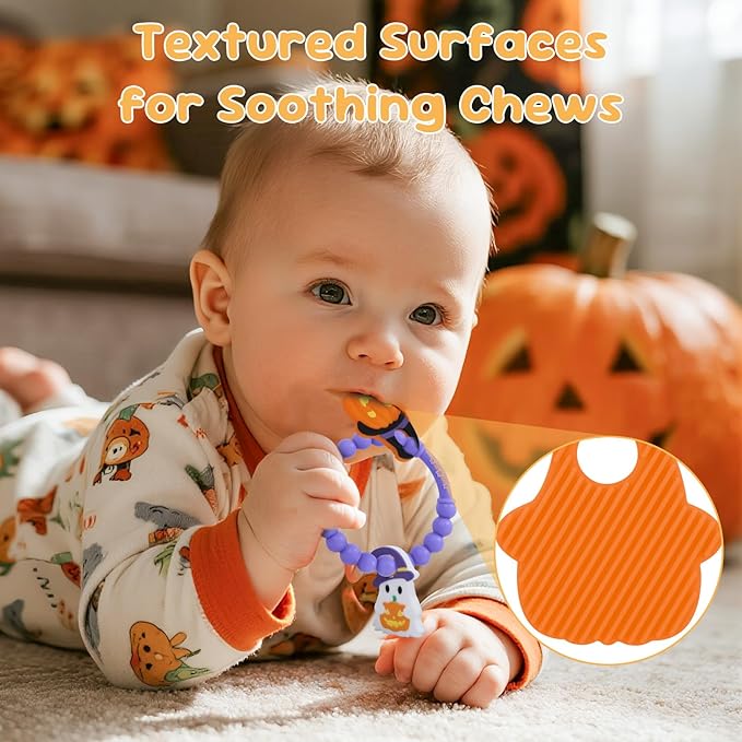 Halloween Baby Teething Toys, Pumpkin & Ghost Silicone Teether for 3-12 Months, Textured Sensory Chewing Ring for Infants & Toddlers, Boo Basket Stuffer, Gift for Baby’s First Halloween
