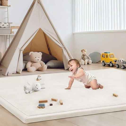 ILPEOD Baby Play Mat for Floor Tummy Time Mat Nursery Rug Muscle Mat Area Rug Playroom Rug Tatami Mat 6'7"x4'11" Memory Foam 1.3" Thick Crawling Mat for Babies,Toddlers, Infants, (Cream)