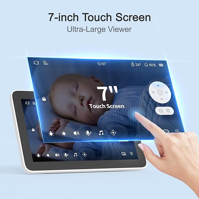 Simsky Split Screen Video Baby Monitor with Cameras, Dual 4MP Cameras with 6X Zoom, 7" UHD Touch Screen Portable Audio Baby Monitor 32GB Local Storage