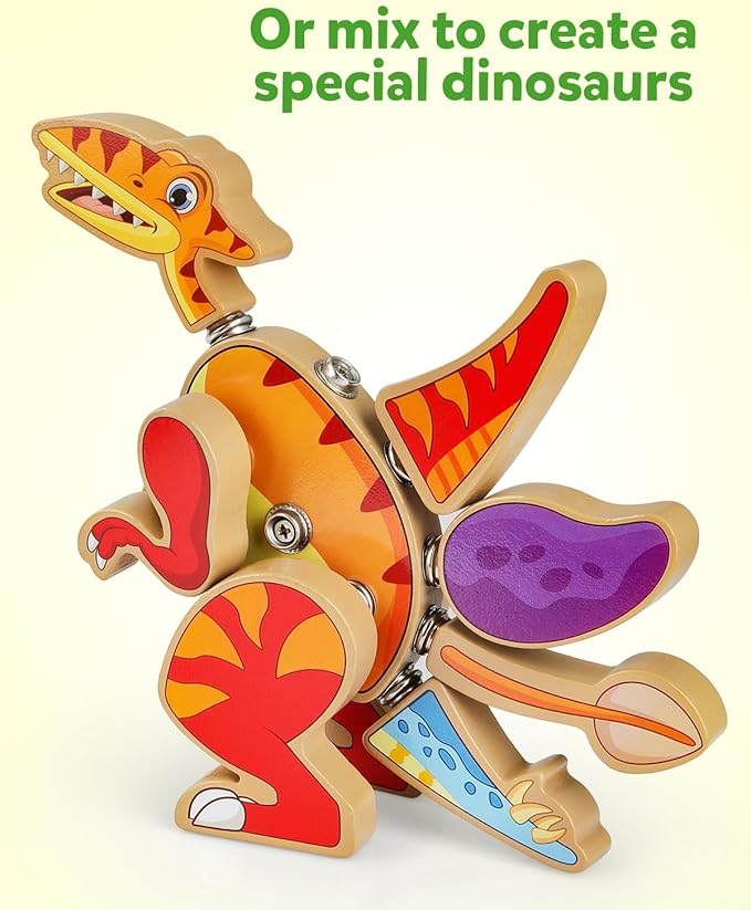Coogam Dinosaur Snap Together Building Toys, Wooden Take Apart Dinosaur Playset, STEM Montessori Educational Fine Motor Skill Toy Gift for 3 4 5 Years Old Kids