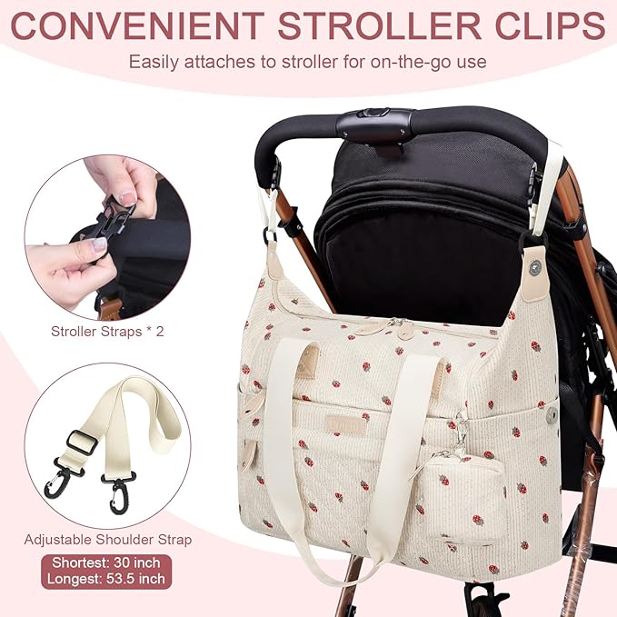 Diaper Bag Tote - Diaper Baby Bags with Pacifier Case, Shoulder Straps, Stroller Clips, Waterproof Large Mommy Maternity Travel Baby Bag for Mom and Dad, strawberry