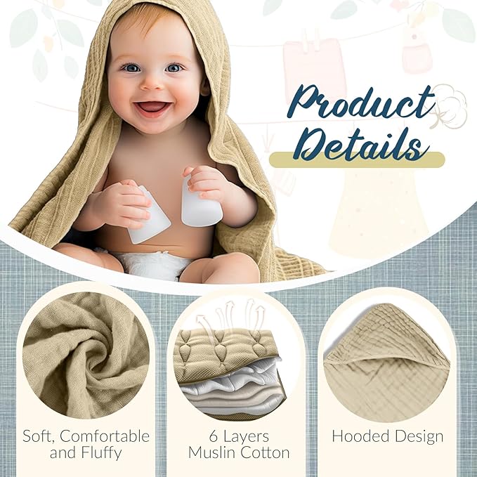 VitalCozy 8 Pcs Baby Muslin Hooded Bath Towels and Washcloths Muslin Cotton Hooded Baby Towels Absorbent Blankets for Gift Newborn Infant Shower (32 x 32 Inch,Pastel Color)