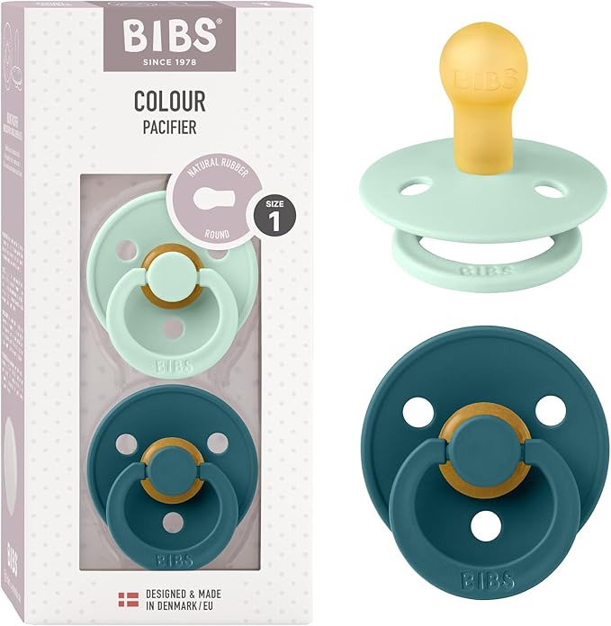 Bibs Pacifiers Color Collection, Set of 2 BPA-Free Latex Pacifiers Made in Europe, Round Nipple Baby Pacifier.