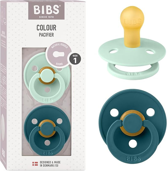 Bibs Pacifiers Color Collection, Set of 2 BPA-Free Latex Pacifiers Made in Europe, Round Nipple Baby Pacifier.