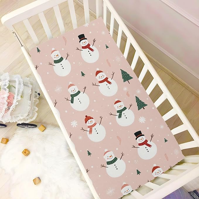 Pfrewn Christmas Crib Sheets for Boys Girls Cute Snowmen Pink Christmas Trees Fitted Crib Sheet for Mini Crib Mattress Stretch Soft Winter Pattern Toddler Baby Playard Sheet,39x27IN