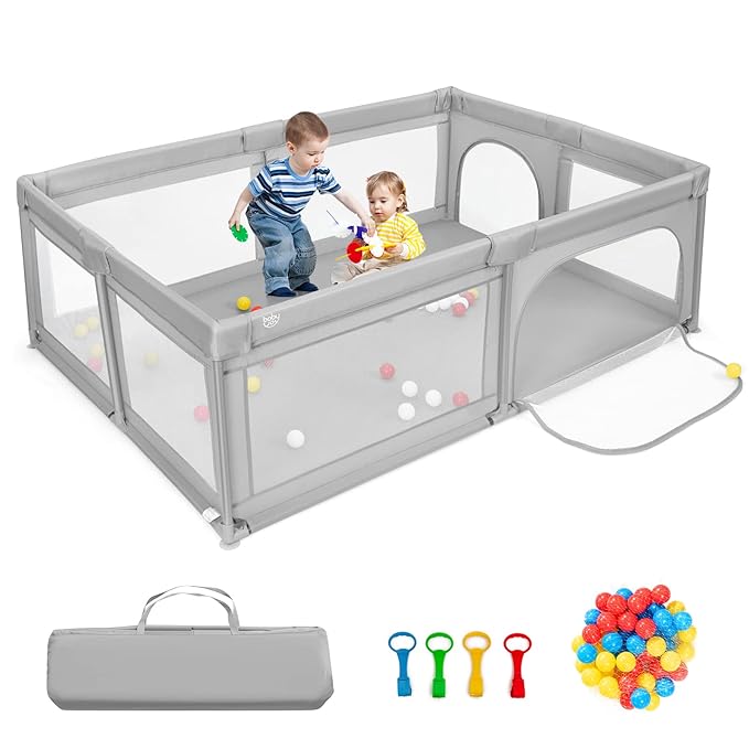 Costzon Playpen for Toddlers, Extra Large Playard Playpen for Toddlers Indoor & Outdoor with Ocean Balls, Non-Slip Suction Cups, Handlebars, Breathable Mesh, Play Pen for Babies 6-12 Months