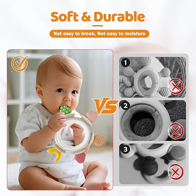 Baby Teething Ring Toy for 3-6-12 Months, Silicone Infant Teether for Sore Gum Relief, Soothing Sensory Chew Toy, Ideal Newborn Gift for Boys Girls Baby Shower, Birthday or Christmas, Brown