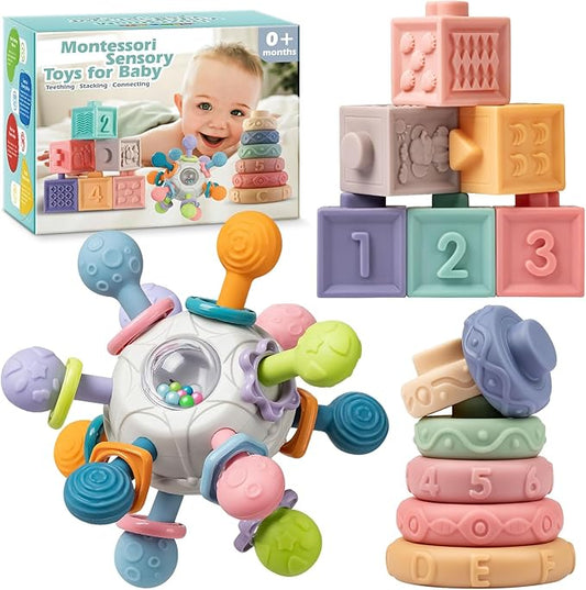 Baby Sensory Teething Toys Set, Montessori Baby Toys 6-12 Months, Incl Newborn Rattle Teether & Baby Blocks & Soft Stacking Rings, Ideal Babies Boy Girl Gifts, Infant Toys 0-3-6-9-12-18 Month