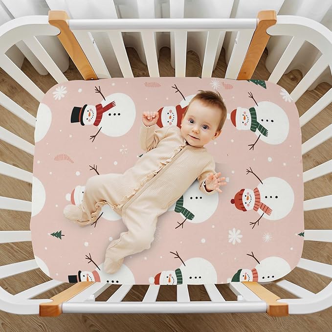 Pfrewn Christmas Crib Sheets for Boys Girls Cute Snowmen Pink Christmas Trees Fitted Crib Sheet for Mini Crib Mattress Stretch Soft Winter Pattern Toddler Baby Playard Sheet,39x27IN