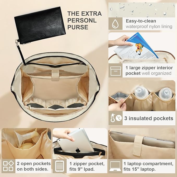 miss fong Large Diaper Bag Tote Pregnancy Hospital Bag Baby Tote Bag with 9 Pockets Mommy Bag with Small Purse-Black
