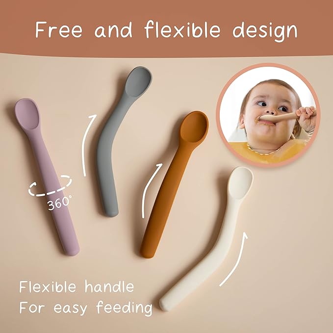 Moonkie Silicone Baby Spoons Set of 4, Toddler Spoons for Self Feeding 6 Months, Two Sizes Feeding Spoons for First Stage 4+ Months, Baby Utensils, Bendable, Chewproof & Boil-proof (Without Case)