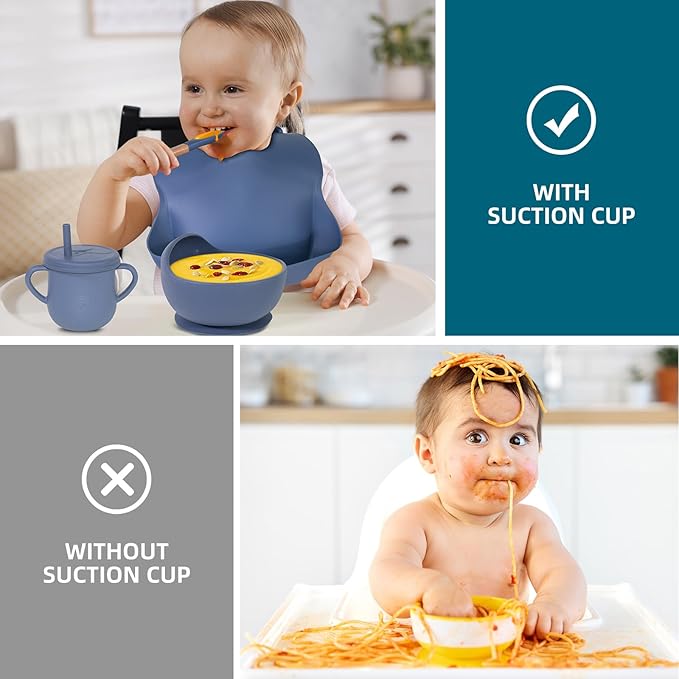 Dormlony 100% Silicone Baby Feeding Set, BPA Free Baby Dishes with Suction Bowl, Divided Plate, Toddler Self Feeding Dish Set with Spoons, Forks, Sippy Cup and Bib, Baby Eating Utensils (Navy Blue)