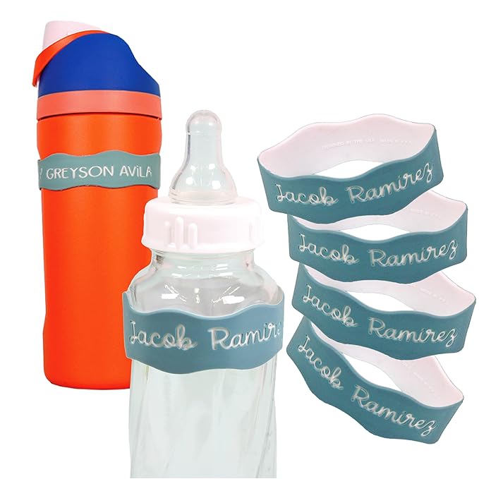 InchBug Orbit Labels Baby Bottle and Water Bottle Silicone Name Bands – Personalized Reusable Label Set for Daycare, Sippy Cups, Preschool, Elementary School, Dishwasher Safe, 4-Pack (Sea Glass)